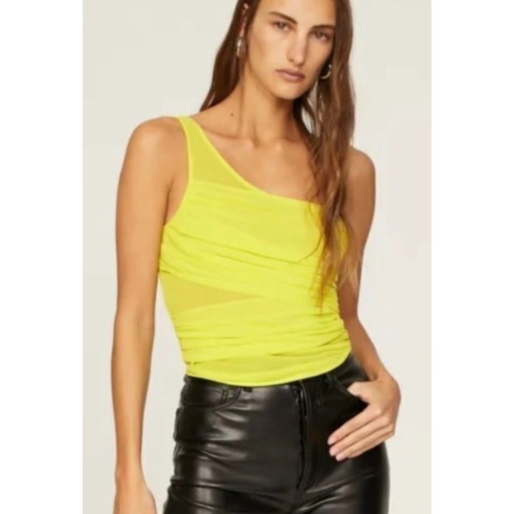 Gauge81 Saray One Shoulder Tank Top Neon Yellow Ruched Mesh Asymmetric